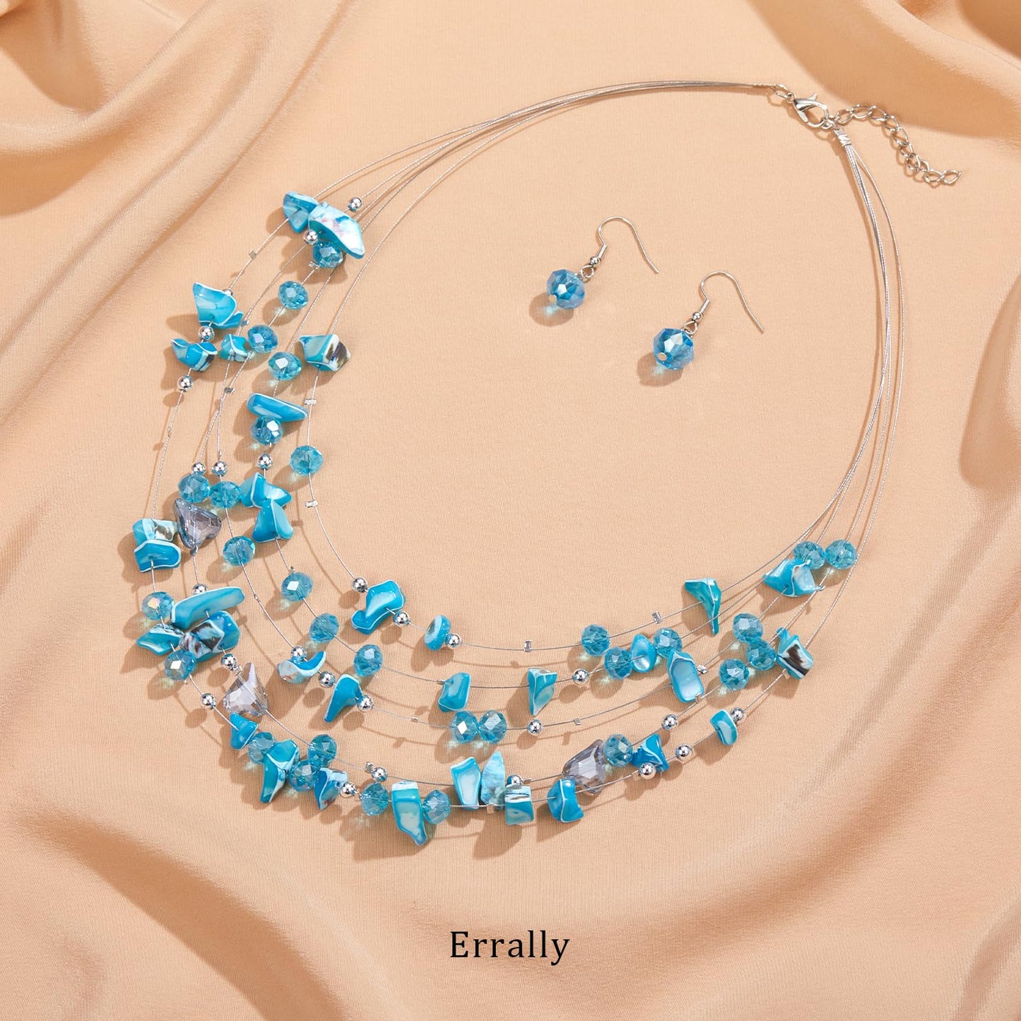 Errally Boho Layered Statement Necklace for Women Multi-Strand Shell Beaded Necklace with Crystal Beads Colorful Summer Jewelry Set Birthday Gifts for Women(45-Turquoise)