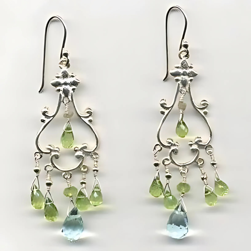 LARQUE Originals - Faceted Aquamarine, Faceted Peridot and Diamond Nugget Chandelier Earrings