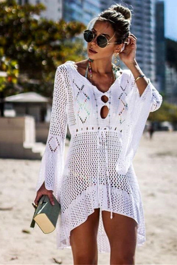 Cinched-Waist Lace Beach Bikini Cover-Up