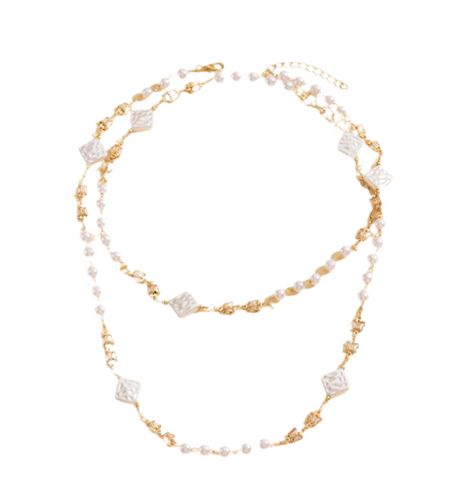 Elegant Double-Layer Pearl and Square Bead Necklace