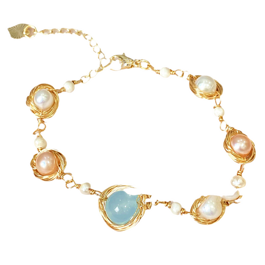 Handmade 14K Gold-Wrapped Yarn Stone and Freshwater Pearl Bracelet