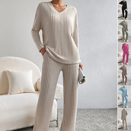 Solid Striped Suit V-Neck Long-Sleeved Top and Casual Straight Pants