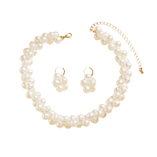 Elegant 14K Gold-Plated Pearl Cluster Necklace and Earrings Set