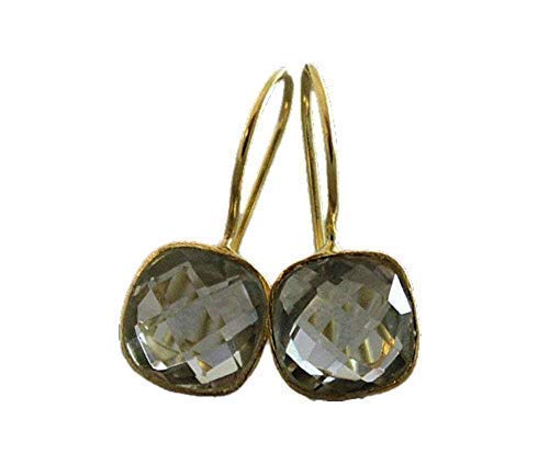 Handmade Gold-Plated Sterling Silver Cushion-Cut Pale Green Prasiolite-Quartz Gemstone Drop Earrings