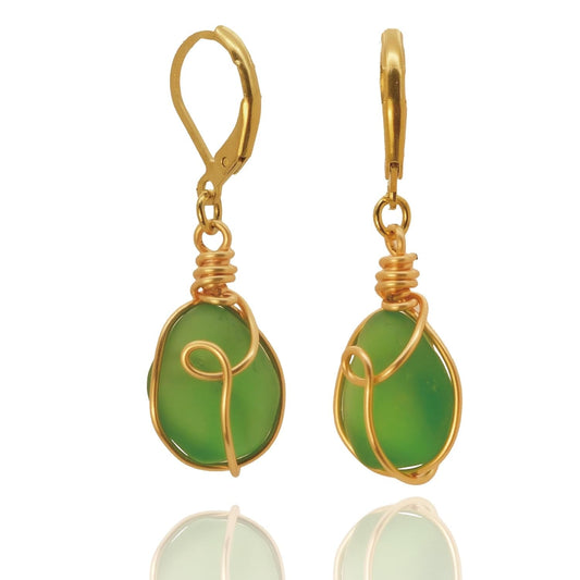 Handmade 14K Gold Sea Glass Wire Wrap Drop Earrings Jewelry (Green)，Beach Earrings, Summer Gift, Ocean Jewelry Inspirational Gifts for Women, Mom, Sister