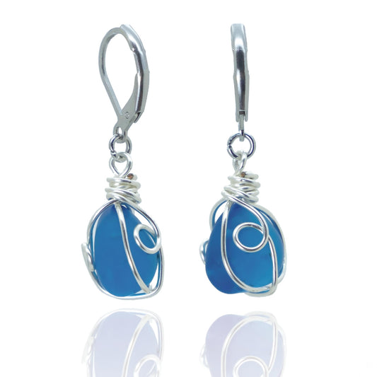 PEPELUALI Handmade Sterling Silver Sea Glass Wire Wrap Drop Earrings Jewelry (Cornflower Blue),Beach Earrings, Summer Gift, Ocean Jewelry Inspira