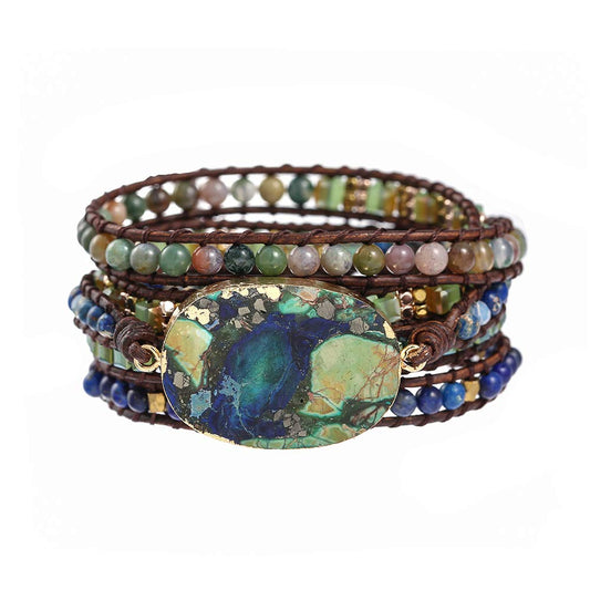 Plumiss Boho Handmade Imperial Jasper Green Blue Stone Hematite Mixed Leather Wrap Bracelets for Men Women