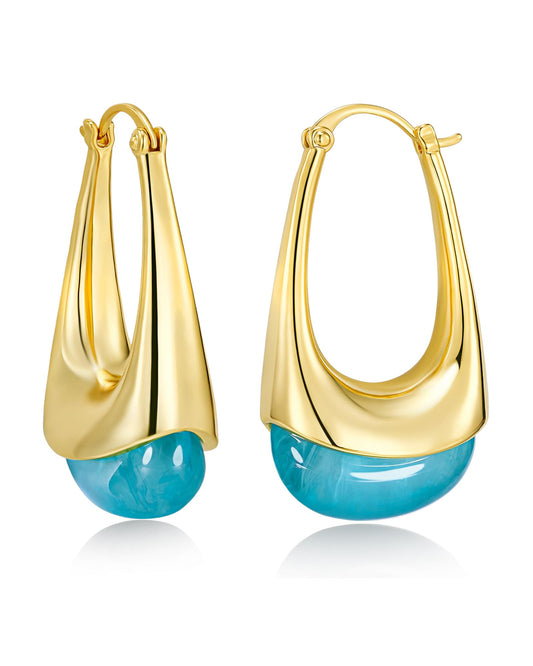SNGIA Long Oval Chunky Dangle Gold Hoops with Colored Resin Gemstone Statement Earrings for Women, (Green, Brown, Light blue, Dark Blue), Bold Drop Handmade Exaggerated Irregular Trendy Bohemian Jewelry Gifts, Unique Dangling Teardrop Baroque Stone Summer
