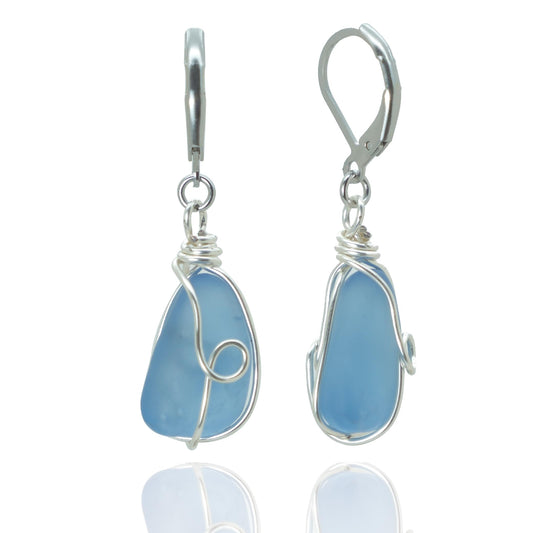 PEPELUALI Handmade Sterling Silver Sea Glass Wire Wrap Drop Earrings Jewelry (Sky Blue),Beach Earrings, Summer Gift, Ocean Jewelry Inspirational Gifts for Women, Mom, Sister