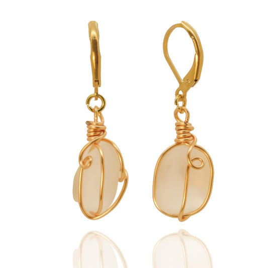 Handmade 14K Gold Sea Glass Wire Wrap Drop Earrings Jewelry (White),Beach Earrings, Summer Gift, Ocean Jewelry Inspirational Gifts for Women, Mom, Sister