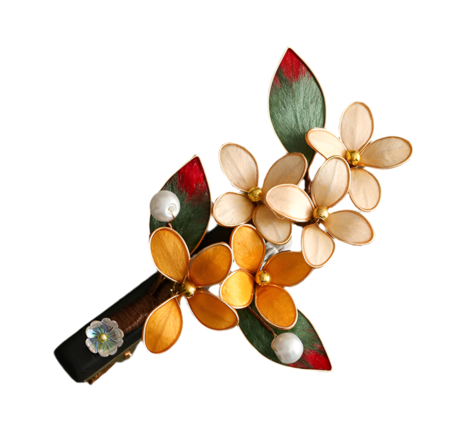 Handmade Silk Velvet Floral Osmanthus Hair Clip (Orange and Mint)