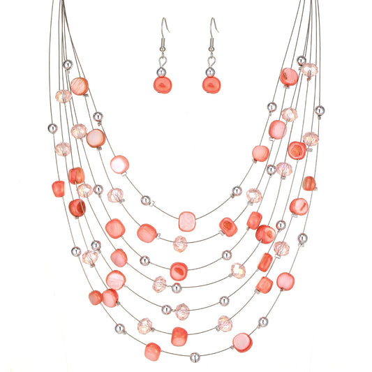 Multi-Layer Boho Shell Beaded Necklace for Women Colorful Crystal Strand with Silver Beads Statement Collars Necklace and Earrings Costumes Jewelry Sets for Women(Pink)