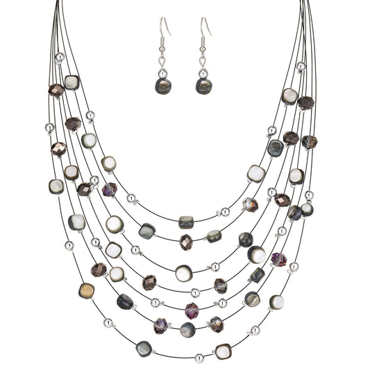 Multi-Layer Boho Shell Beaded Necklace for Women Colorful Crystal Strand with Silver Beads Statement Collars Necklace and Earrings Costumes Jewelry Sets for Women(Black)