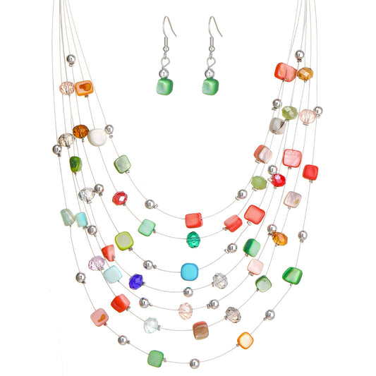 Multi-Layer Boho Shell Beaded Necklace for Women Colorful Crystal Strand with Silver Beads Statement Collars Necklace and Earrings Costumes Jewelry Sets for Women(Colorfol)