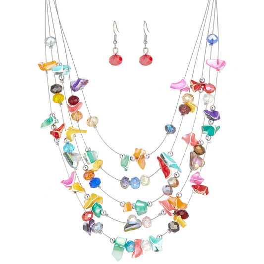 Errally Boho Layered Statement Necklace for Women Multi-Strand Shell Beaded Necklace with Crystal Beads Colorful Summer Jewelry Set Birthday Gifts for Women(45-Colorful)