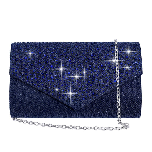 CurvChic Women Evening Bag Clutch Rhinestone Envelope Party Handbag Bridal Prom Purse (Navy Blue)