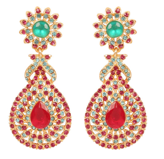 NEW! Touchstone Indian Bollywood Bling Perfect Handcrafted Fascinating Floral Red Fuchsia Sky Blue Teal Colors Designer Jewelry Chandelier Earrings In Gold Tone For Women.