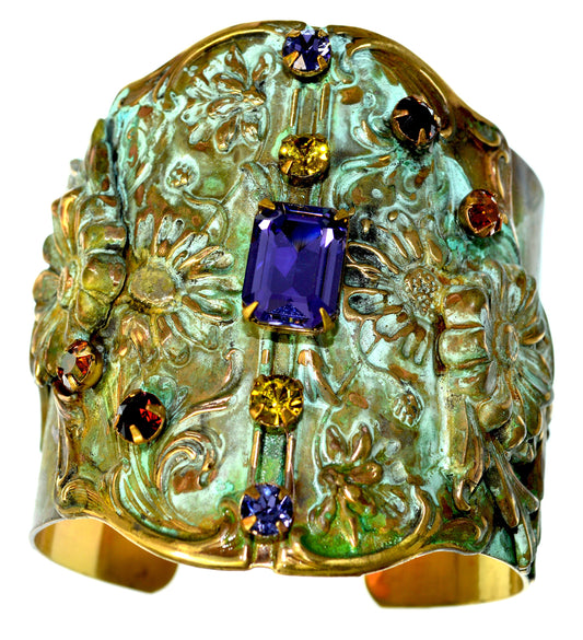 Elaine Coyne Collectible Artwear Olive Patina Brass Zinnia Flowers Wide Cuff - Authentic Glass Crystals
