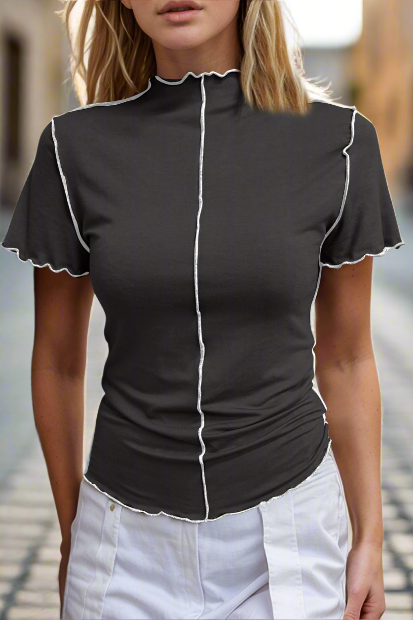 Basic Bae Contrast Trim Mock Neck Short Sleeve T-Shirt