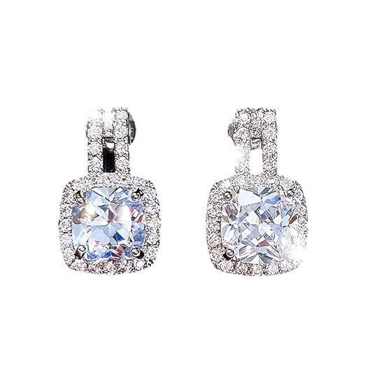 Platinum-Plated Sterling Silver 2-Carat Cushion-Cut Square Moissanite Stud Drop Halo Earrings Halo Earrings (D Color, Lab-Created)
