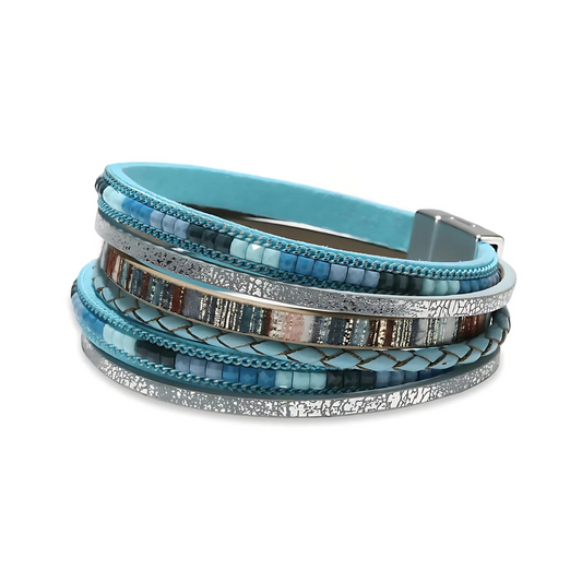 Fesciory Blue Boho Braid Leather and Crystal Wrap Cuff Bracelet