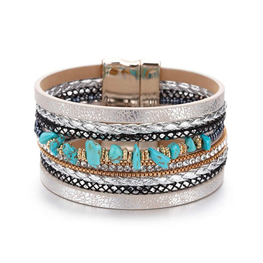 Fesciory Turquoise Leather and Crystal Wrap Cuff Bracelet