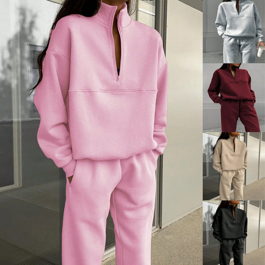 Long-Sleeved Sports Sweatshirt Suit with Stand-Up Collar, Zip-Up Top and Elastic Band Trousers with Pocket